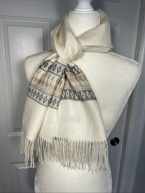 Baby Alpaca Scarf Fringes Lama Border Cream Tan